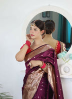 Wine Woven Jacquard Designer Embroidery Work Party Wear Saree - Parampara