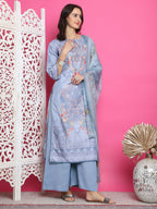 Jyoti Fashion Women's Grey Satin Traditional Digital Print with Crystal work Kurta with Trouser & Dupatta