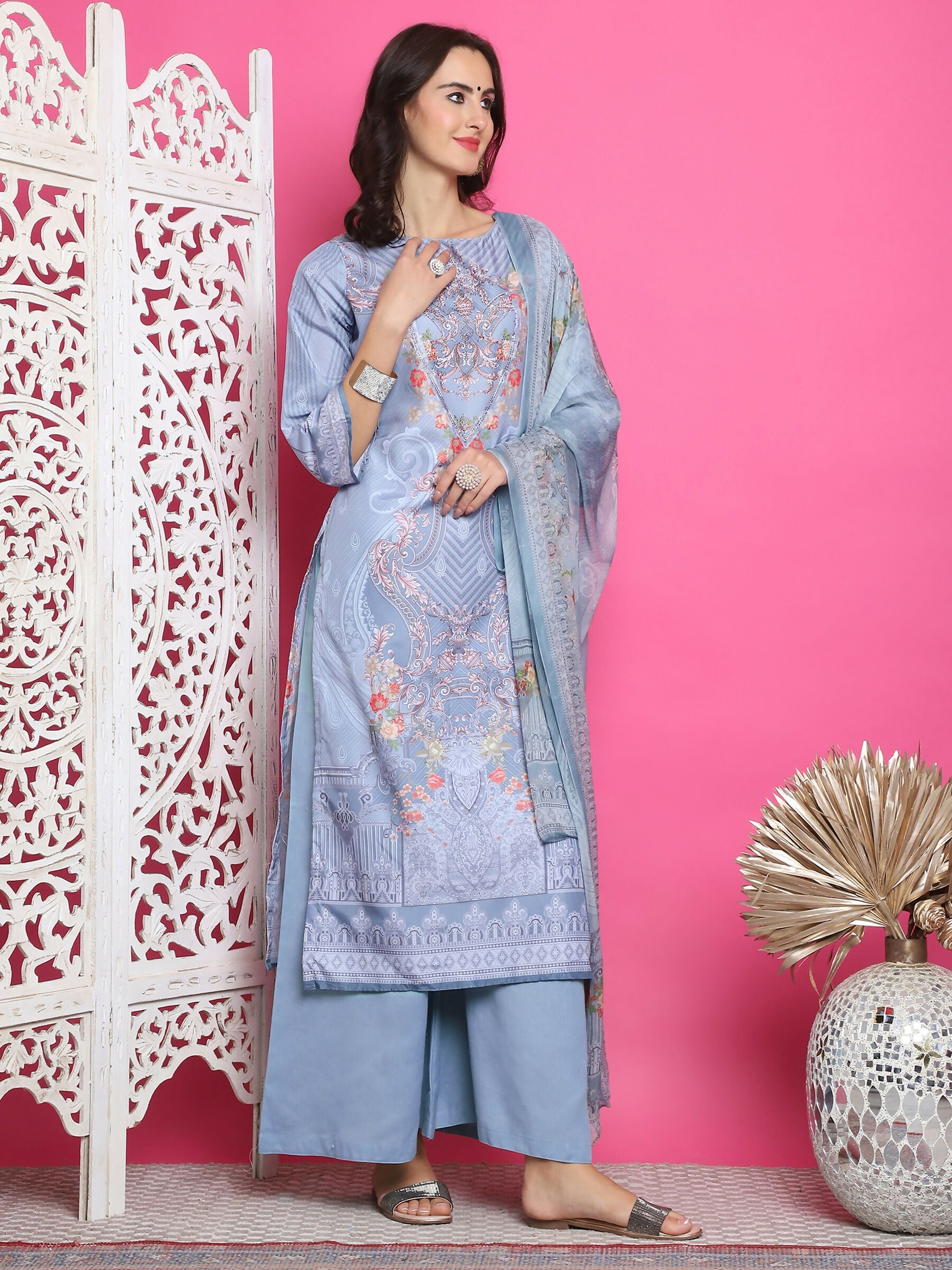 Jyoti Fashion Women's Grey Satin Traditional Digital Print with Crystal work Kurta with Trouser & Dupatta