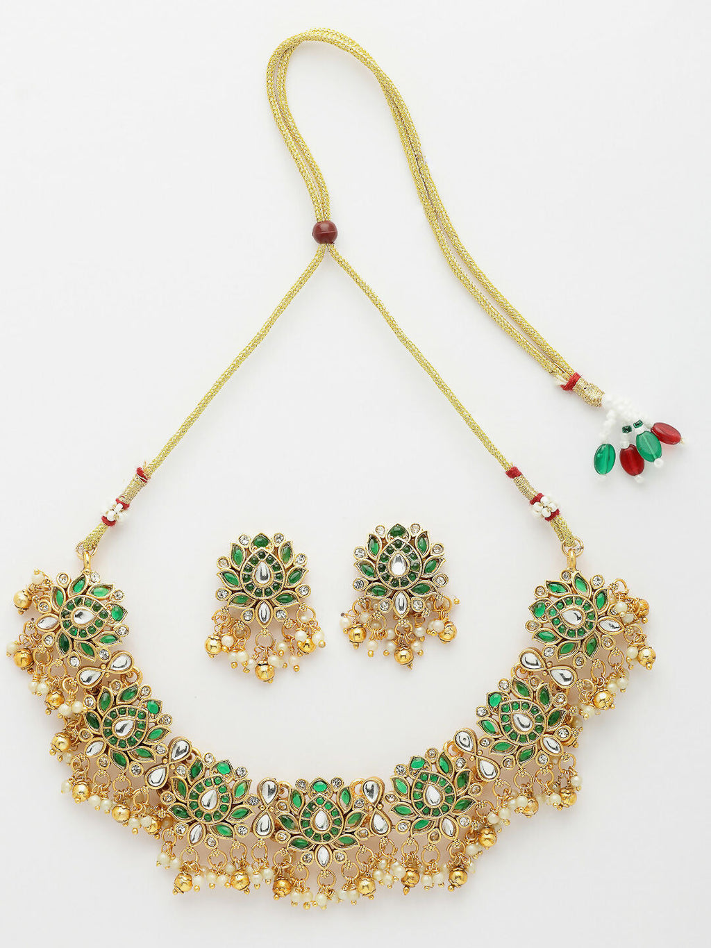NVR Women's Gold-Polished Green Kundan- Studded & Beaded Handcrafted Temple Jewellery Set