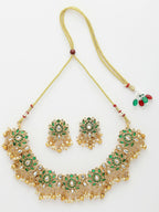 NVR Women's Gold-Polished Green Kundan- Studded & Beaded Handcrafted Temple Jewellery Set