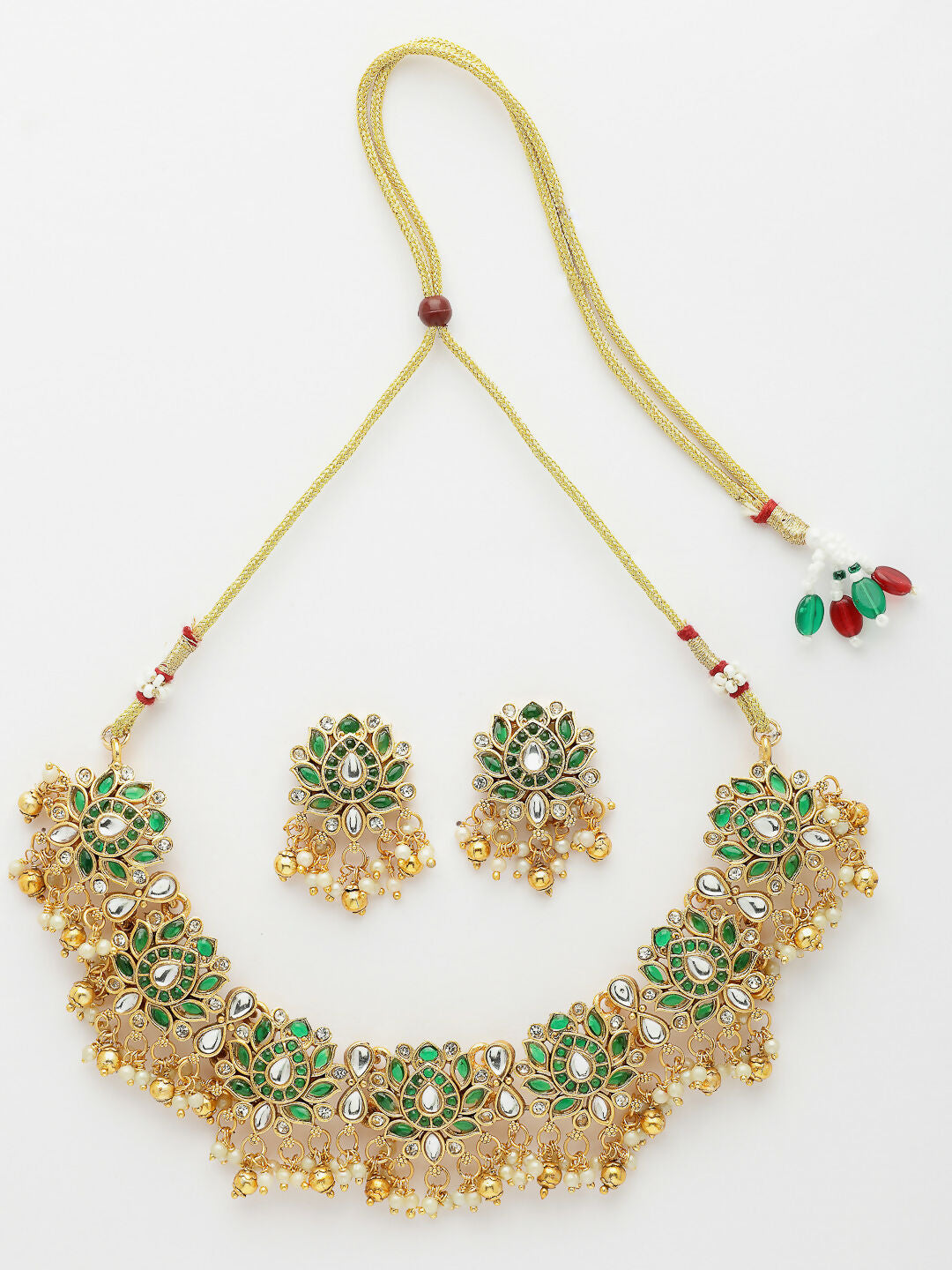 NVR Women's Gold-Polished Green Kundan- Studded & Beaded Handcrafted Temple Jewellery Set