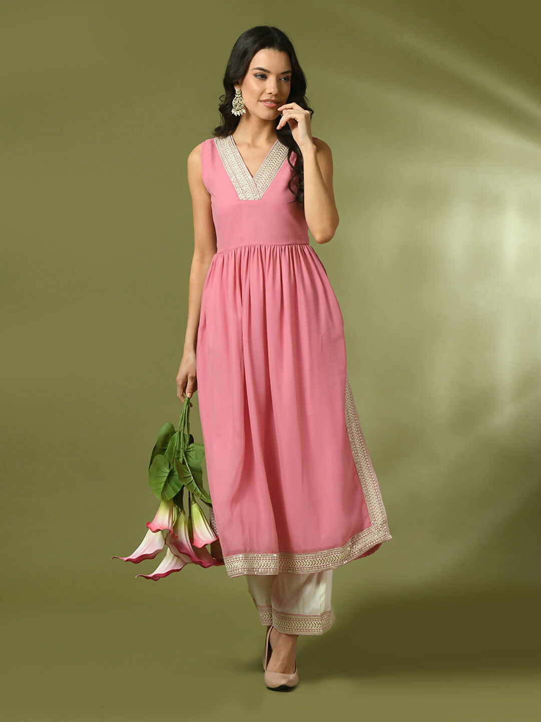 Myshka Women's Pink Solid Georgette Anarkali Party Kurta Set
