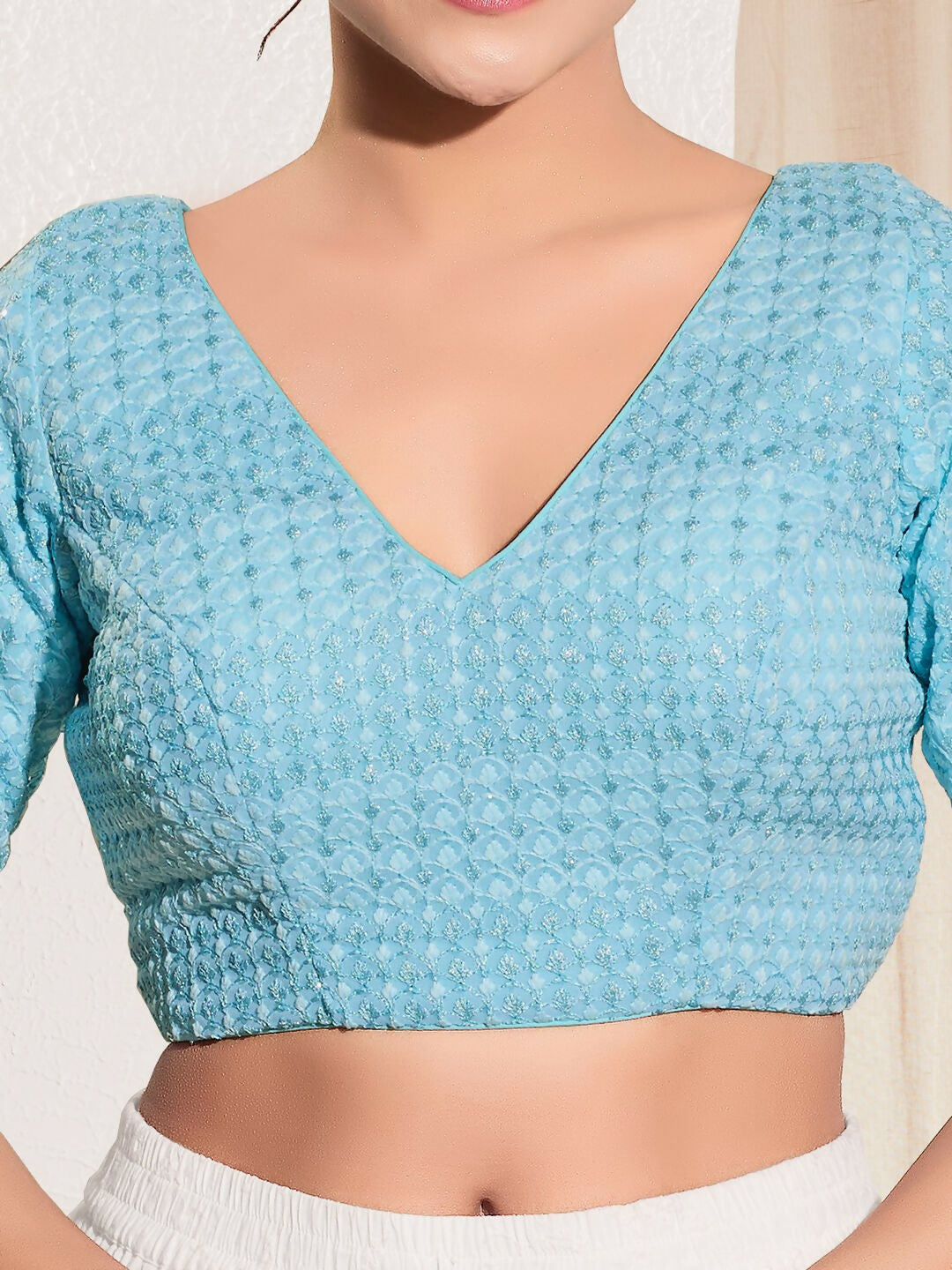 Joban Fashion Light Blue Crochet Padded Blouse With V Neck Elbow Sleeves - Distacart