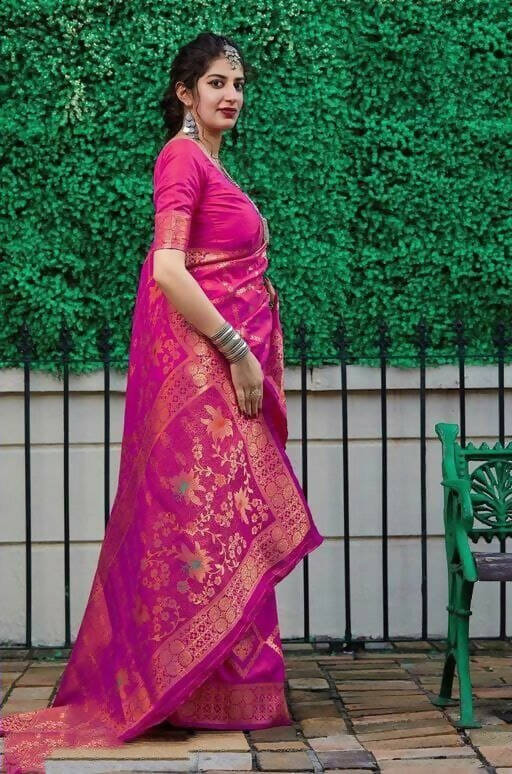 DEIANA'S Beautiful Designer Golden zari Soft Lichi Silk Saree - Pink