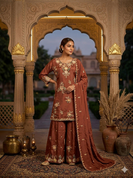 Stylish Designer Stitched Beat Pure Viscose Crepe Embroidery Hand Work Stitched Sharara Suit - Anbazaar