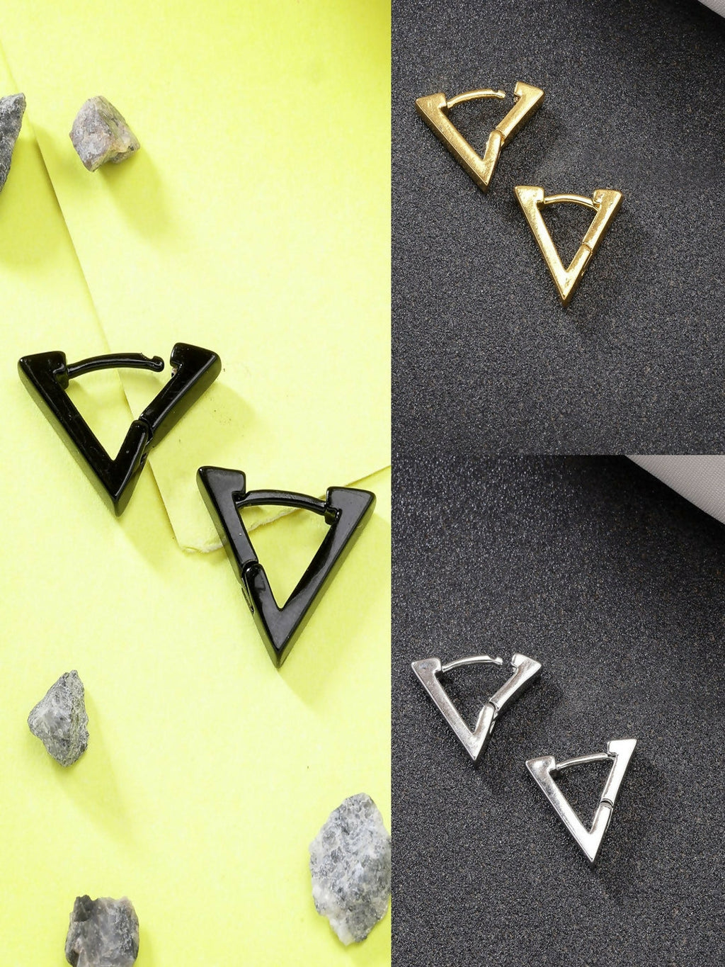 NVR Men's Set of 3 Multicolor Rhodium-Plated Geometric Shape Stainless Steel Studs Earring - Distacart