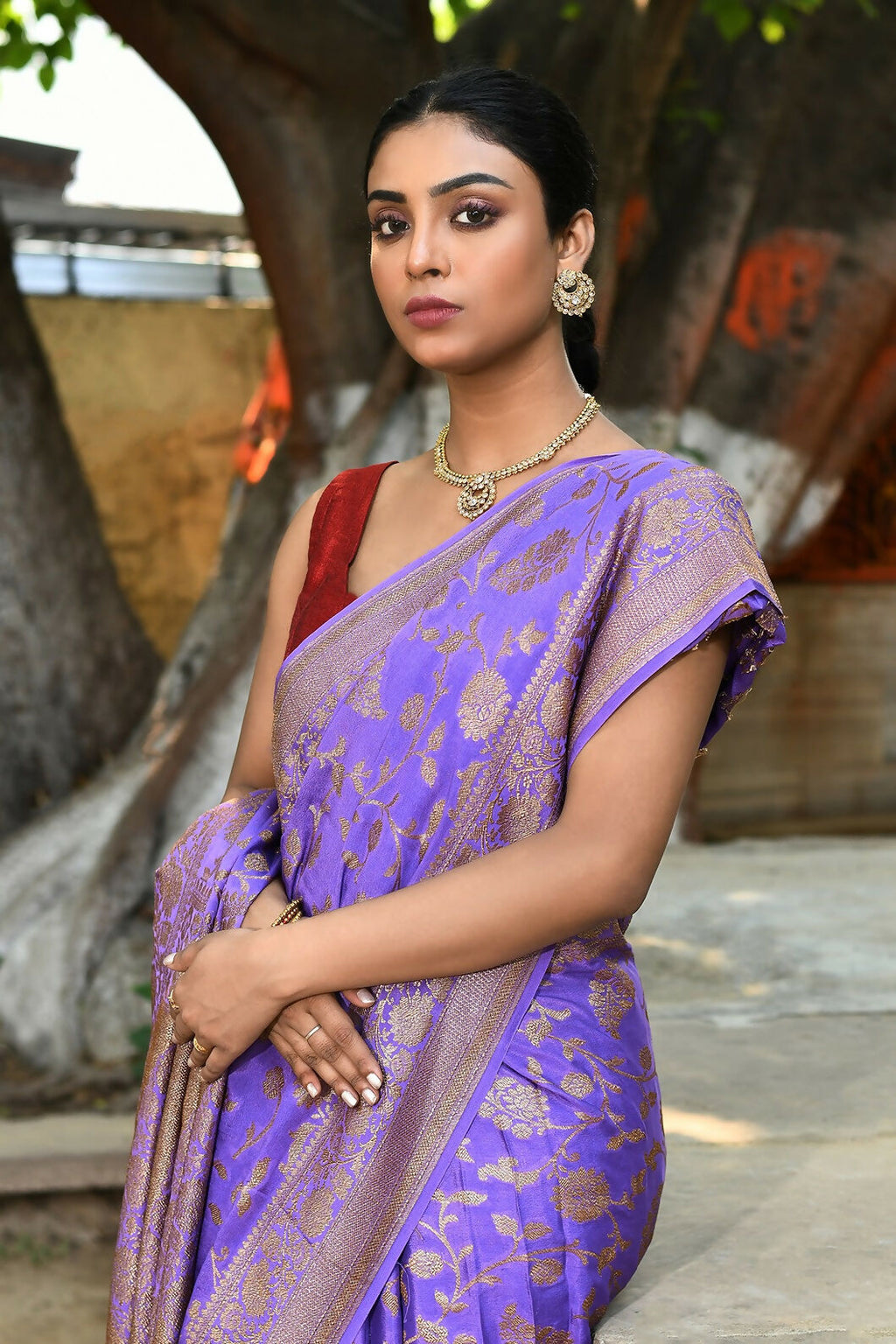 Joban Fashion Dark Lilac Crepe Chiffon Pure Handloom Banarasi Silk Saree