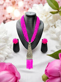 Inhanns Day-To-Dinner Tie Shaped Oxidized Black Metal Multi-Layered Long Necklace Set - Hot Pink