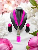 Inhanns Day-To-Dinner Tie Shaped Oxidized Black Metal Multi-Layered Long Necklace Set - Hot Pink