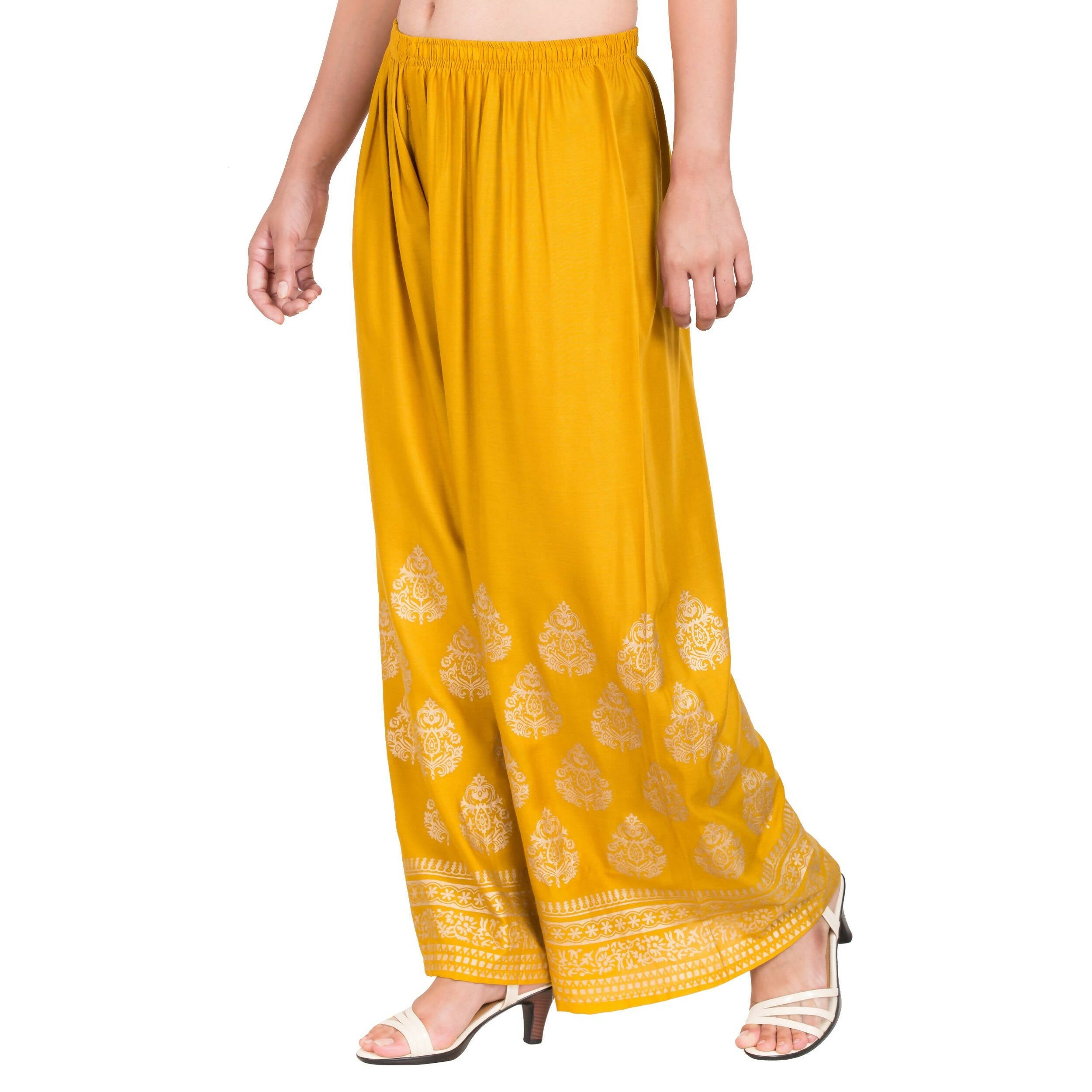 PAVONINE Mustard Color Golden Printed Rayon Fabric Sharara For Women & Girls - Distacart