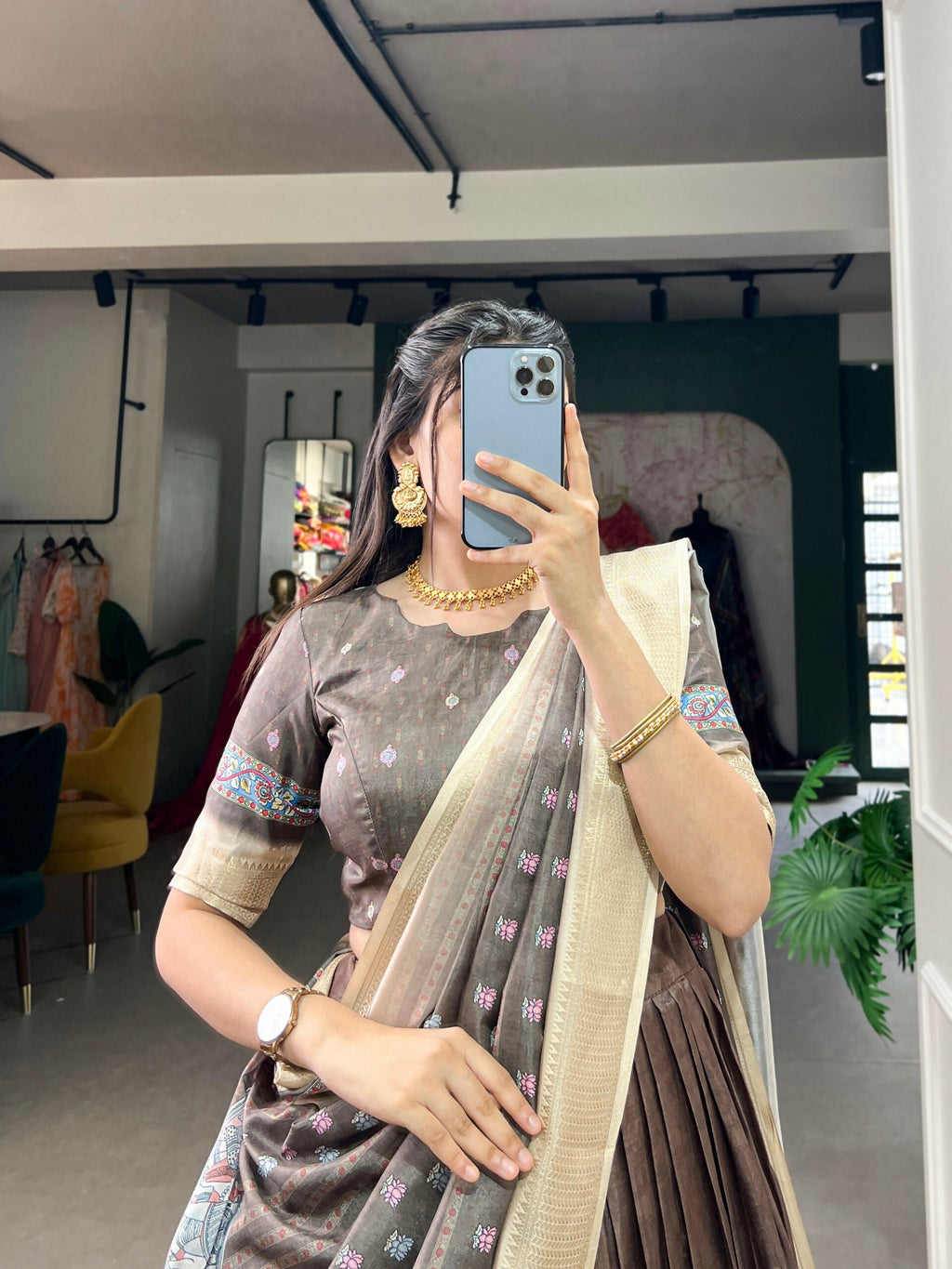 Vastranavya Kalamkari Print With Weaving Border Lehenga with Unstitched Blouse - Brown