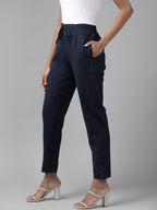 Yufta Navy Blue Cotton Fit Trousers