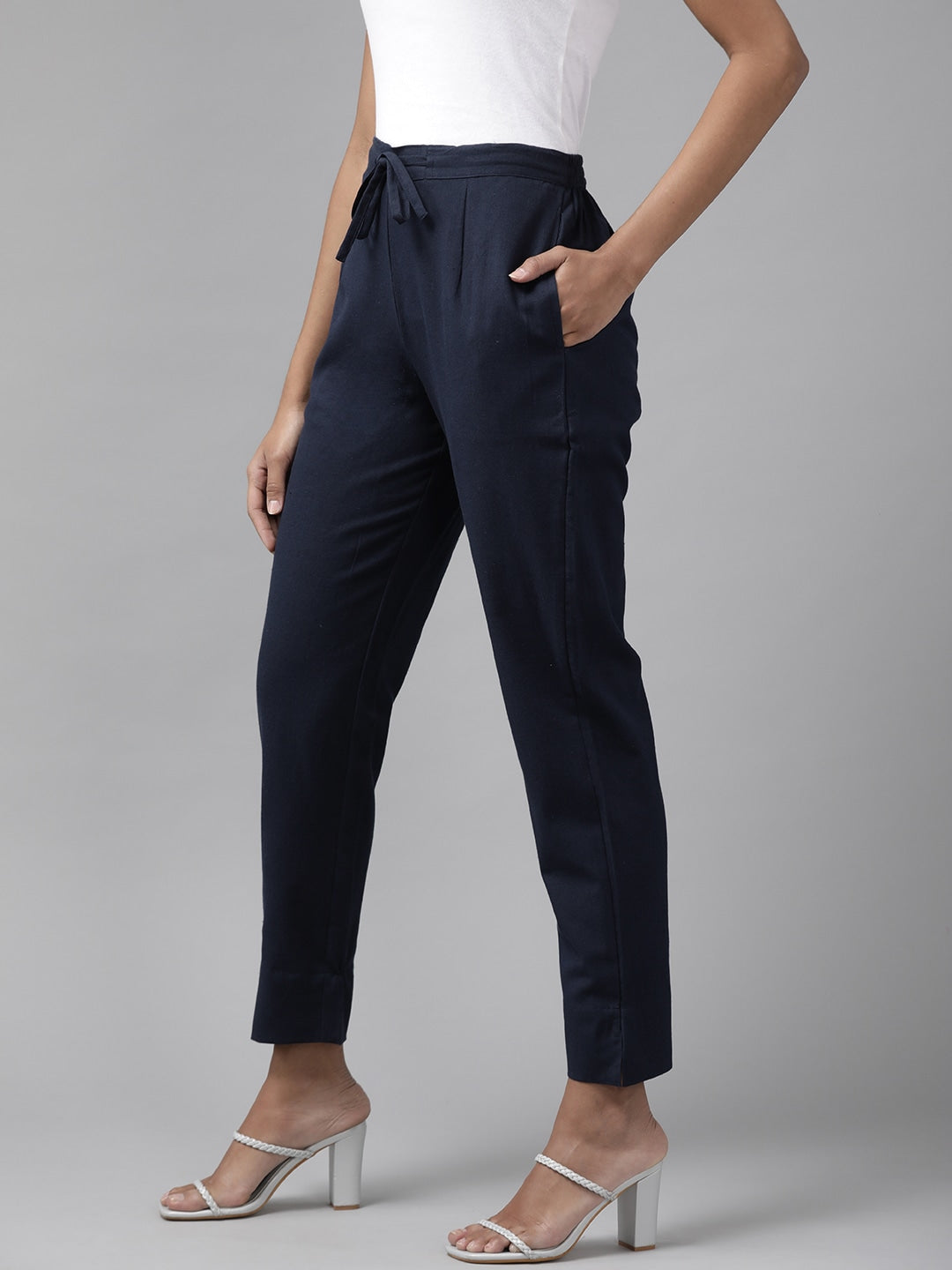 Yufta Navy Blue Cotton Fit Trousers