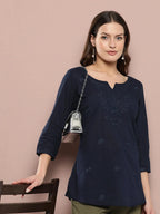 Yufta Navy Blue Floral Chikankari Embroidered Pure Cotton Top