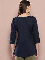 Yufta Navy Blue Floral Chikankari Embroidered Pure Cotton Top