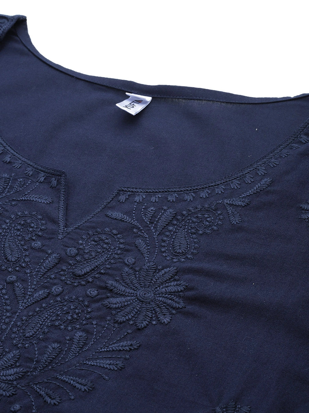 Yufta Navy Blue Floral Chikankari Embroidered Pure Cotton Top