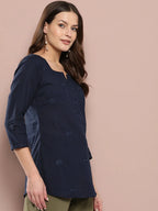 Yufta Navy Blue Floral Chikankari Embroidered Pure Cotton Top