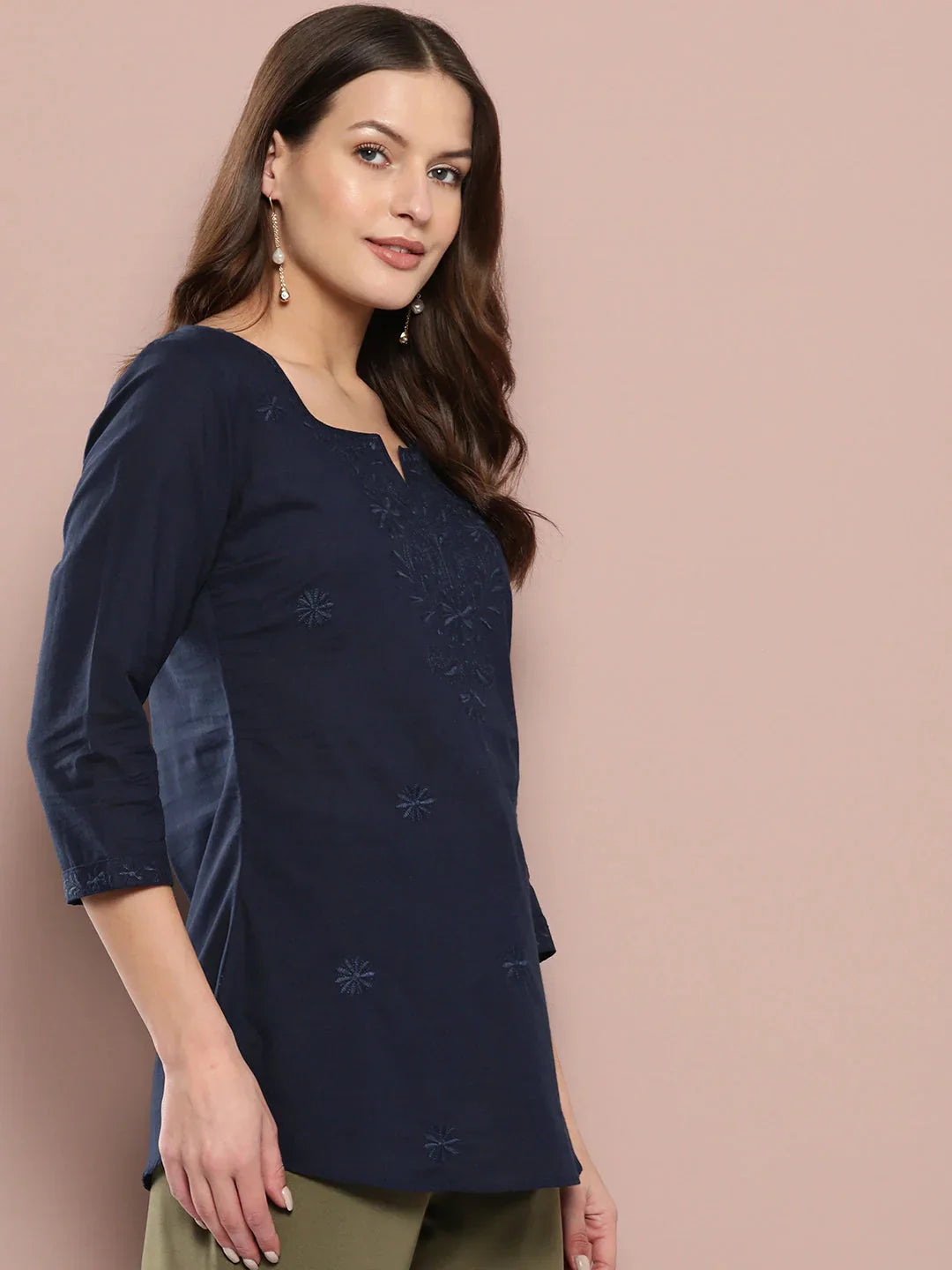 Yufta Navy Blue Floral Chikankari Embroidered Pure Cotton Top
