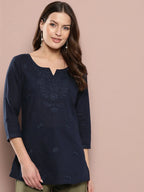 Yufta Navy Blue Floral Chikankari Embroidered Pure Cotton Top