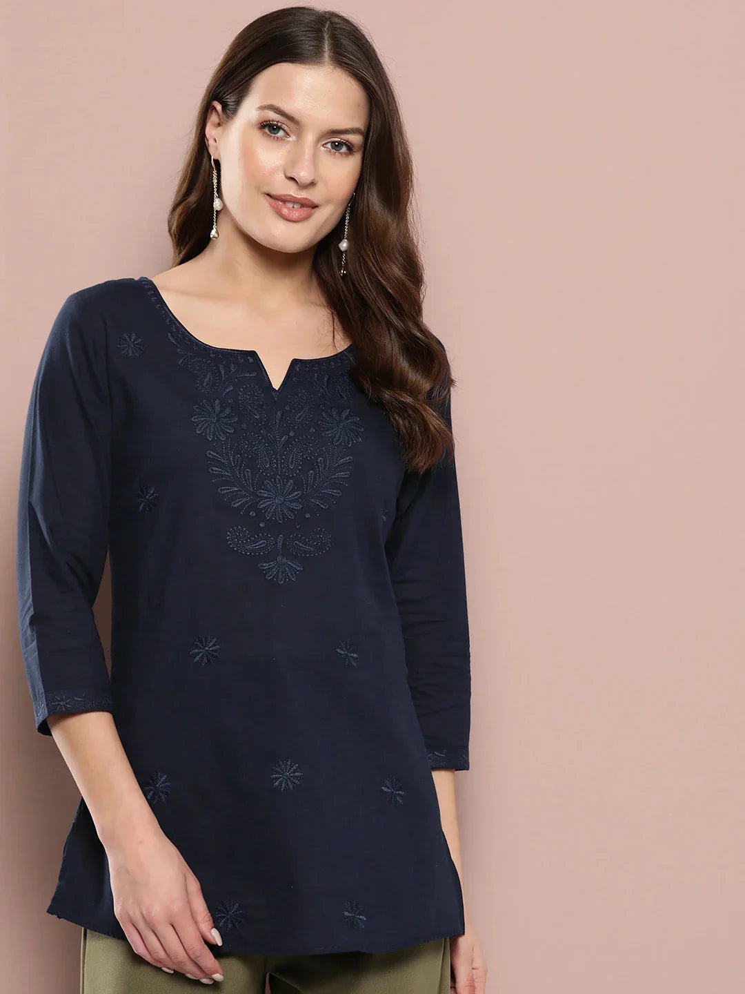 Yufta Navy Blue Floral Chikankari Embroidered Pure Cotton Top