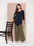 Yufta Navy Blue Floral Chikankari Embroidered Pure Cotton Top