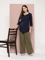 Yufta Navy Blue Floral Chikankari Embroidered Pure Cotton Top