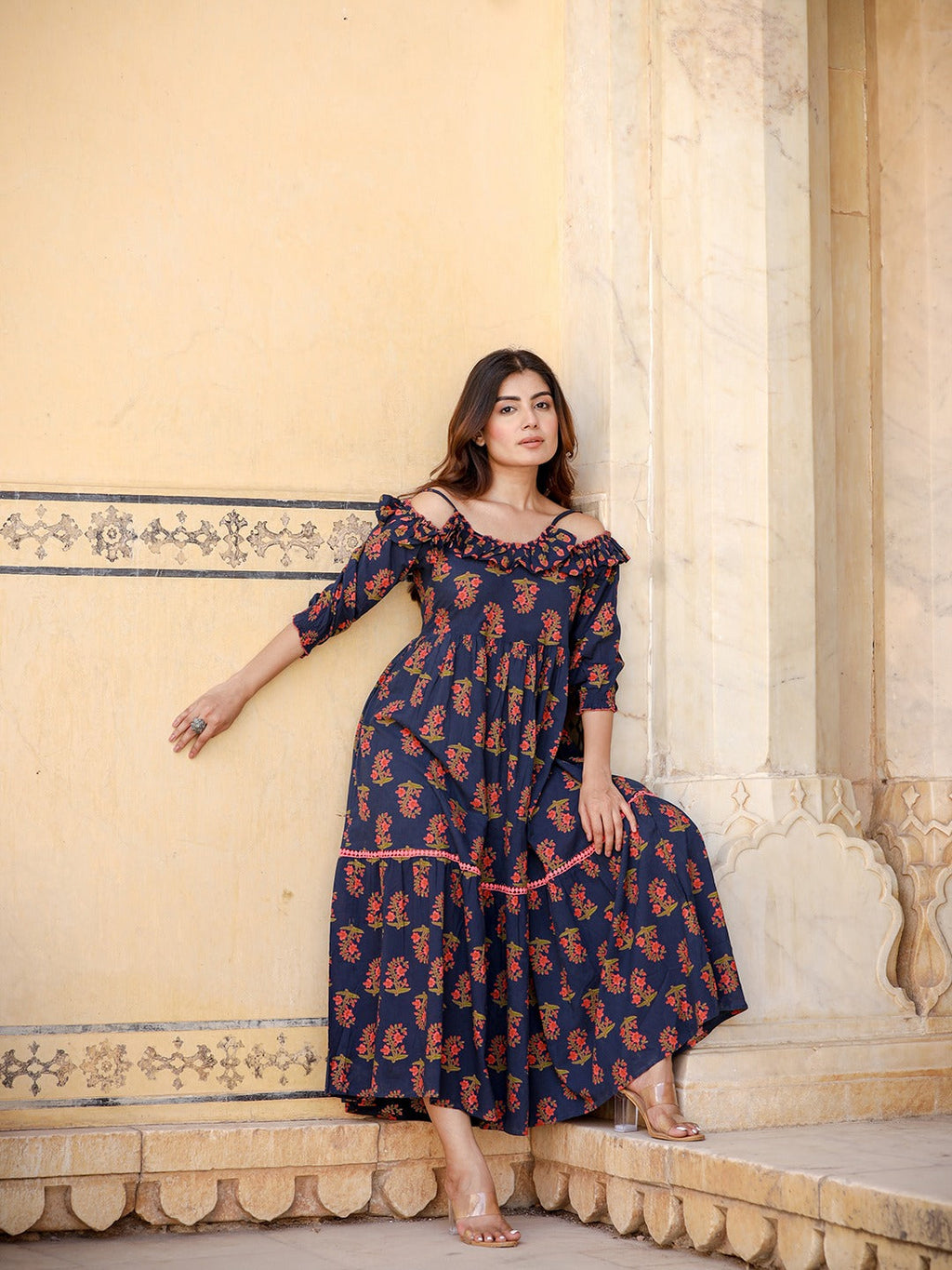 Yufta Navy Blue Floral Printed Dress - Distacart