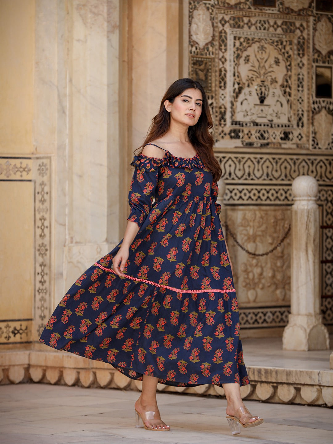 Yufta Navy Blue Floral Printed Dress - Distacart