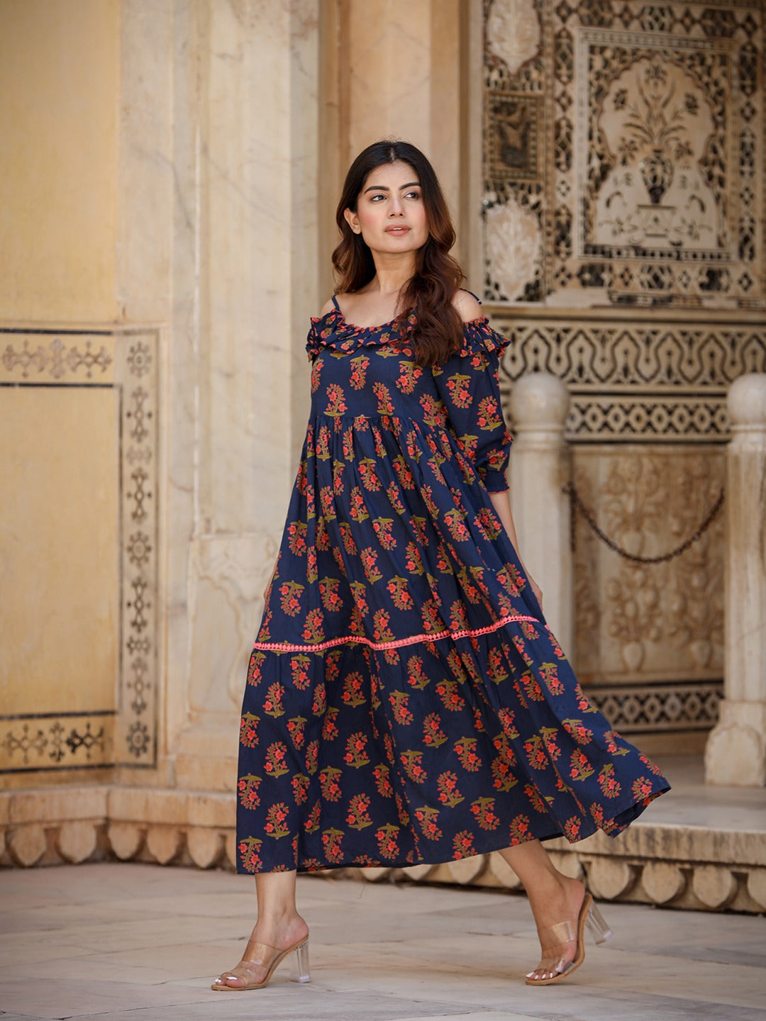 Yufta Navy Blue Floral Printed Dress - Distacart