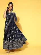 Yufta Navy Blue & White Printed Dress Dupatta - Distacart