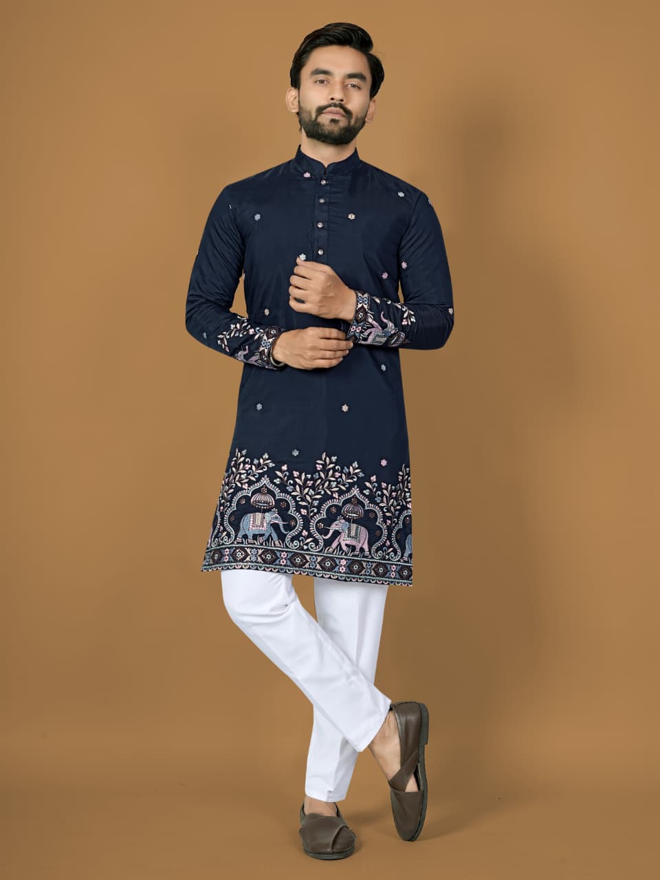 Anaita Navy Embroidery Silk Straight Kurta