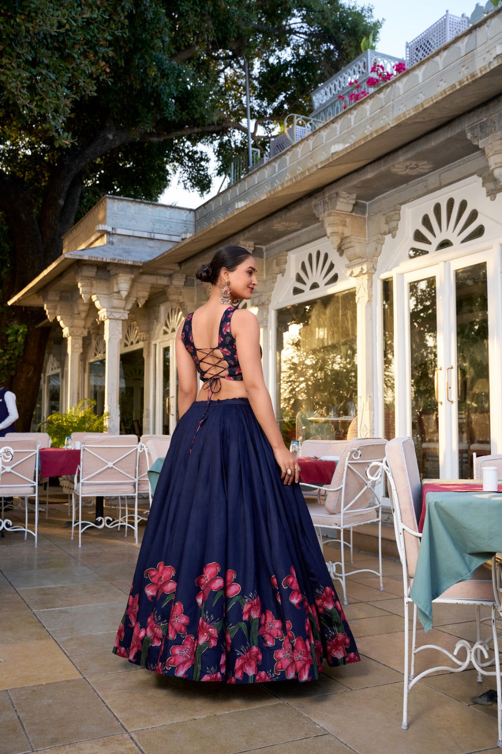 Lorenvalley Navy Blue Tussar Silk Floral Print With Foil Work Lehenga Choli with Dupatta