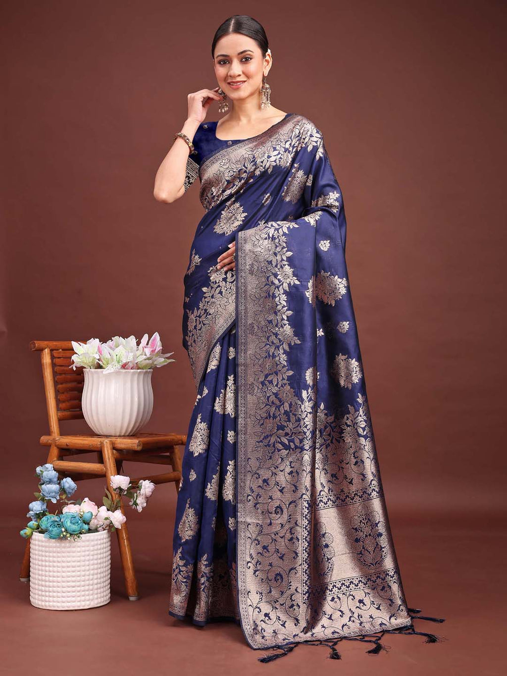 Anaita Navy Banarasi Silk Woven Work Saree With Blouse - Distacart