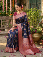Anaita Navy Silk Blend Woven Saree With Blouse - Distacart