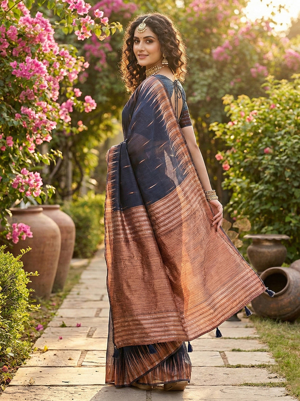 Anaita Navy Linen Woven Work Saree With Blouse - Distacart