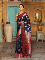 Anaita Navy Silk Woven Saree With Blouse - Distacart