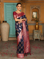 Anaita Navy Silk Woven Saree With Blouse - Distacart