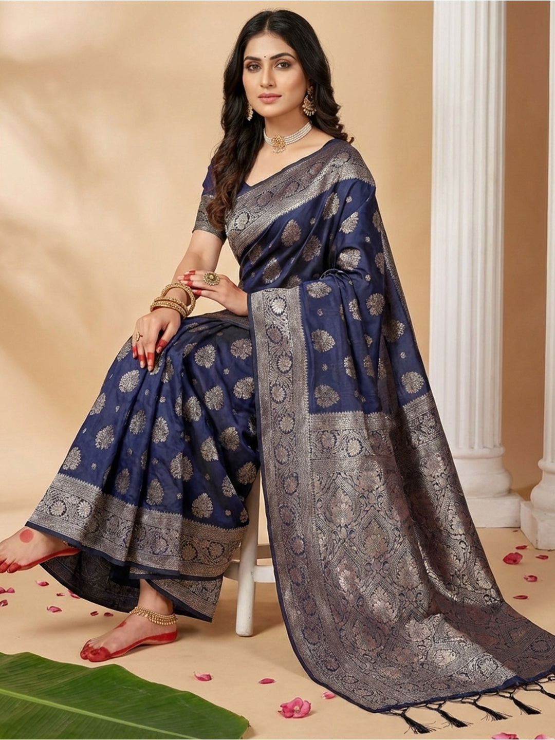 Anaita Navy Silk Blend Woven Saree With Blouse - Distacart