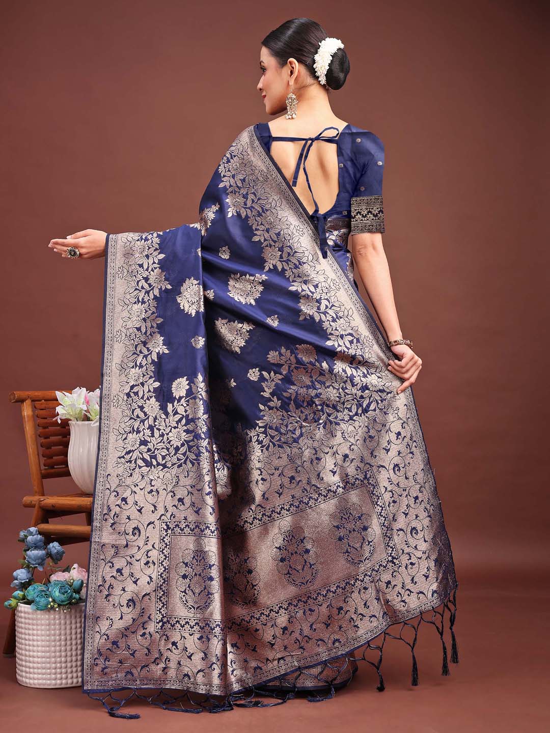 Anaita Navy Banarasi Silk Woven Work Saree With Blouse - Distacart