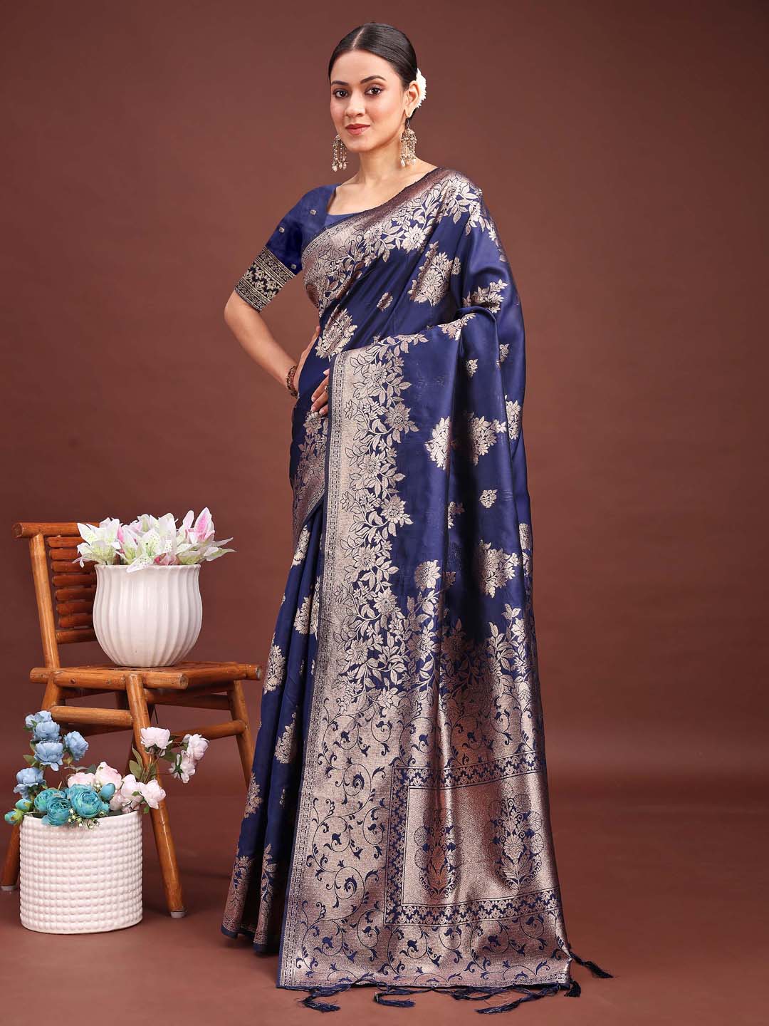 Anaita Navy Banarasi Silk Woven Work Saree With Blouse - Distacart