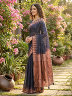 Anaita Navy Linen Woven Work Saree With Blouse - Distacart