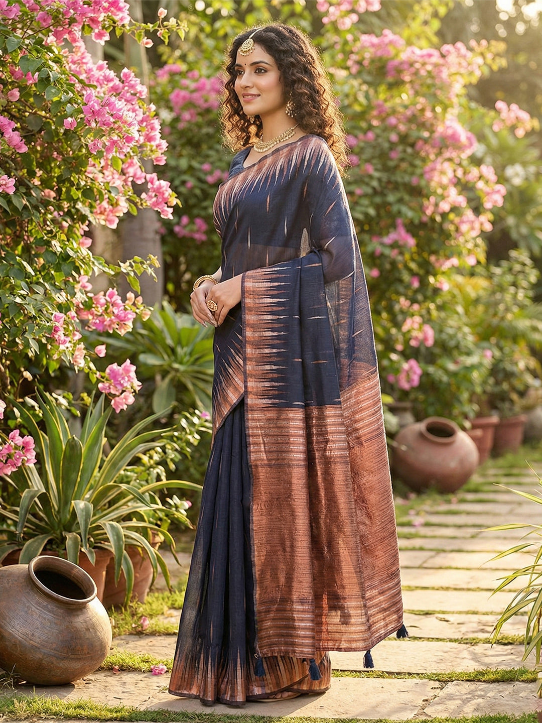 Anaita Navy Linen Woven Work Saree With Blouse - Distacart