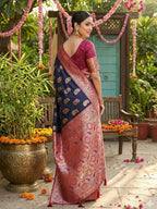 Anaita Navy Silk Blend Woven Saree With Blouse - Distacart