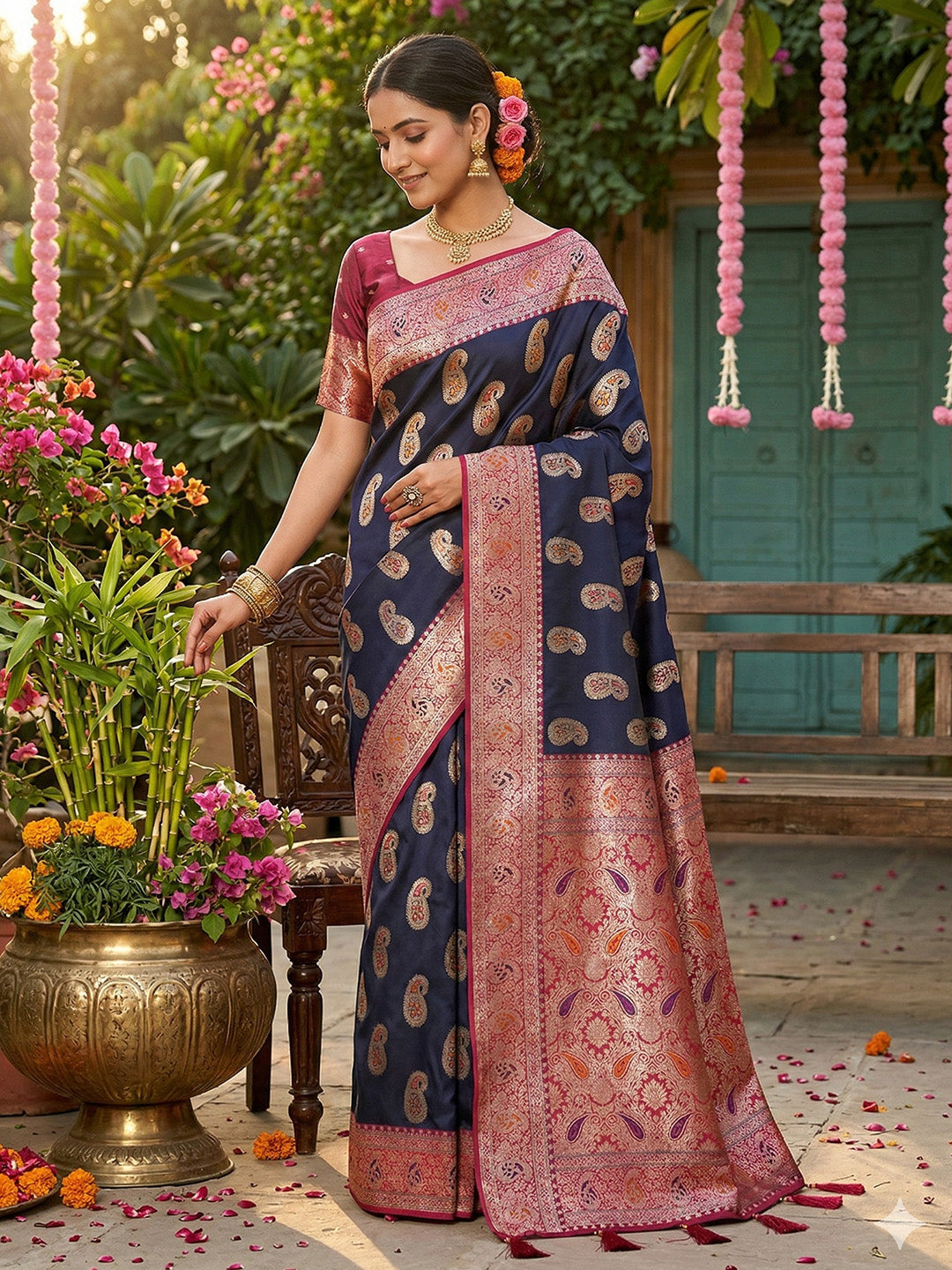 Anaita Navy Silk Blend Woven Saree With Blouse - Distacart