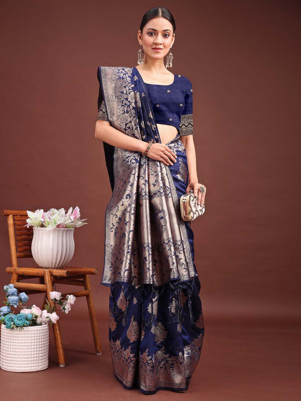 Anaita Navy Banarasi Silk Woven Work Saree With Blouse - Distacart