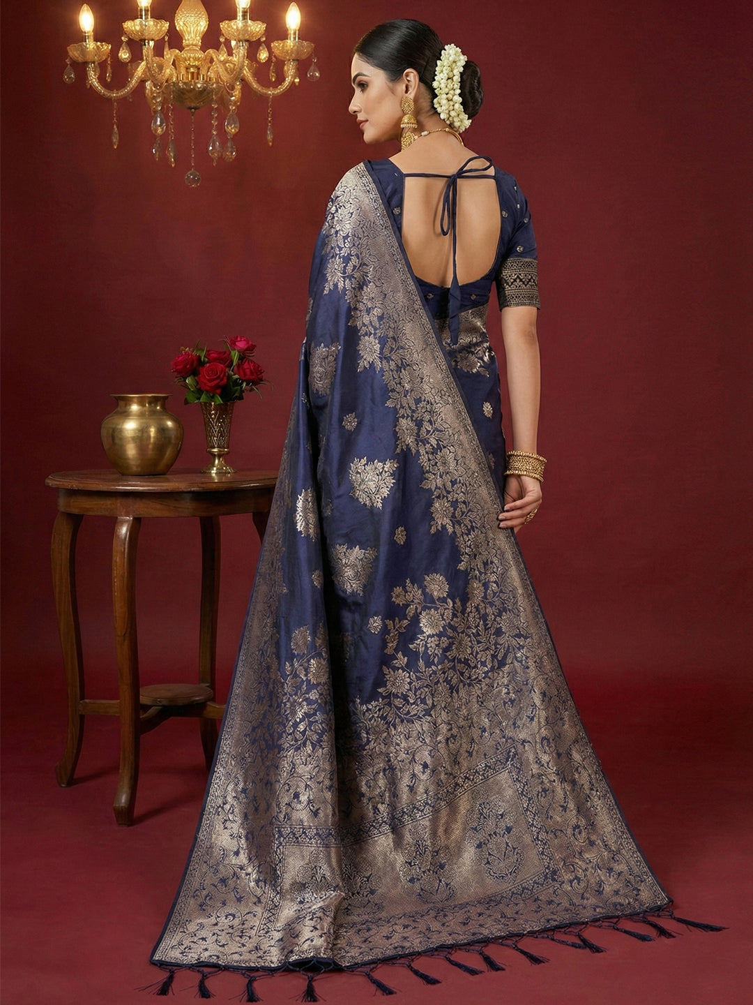 Anaita Navy Silk Blend Woven Saree With Blouse - Distacart