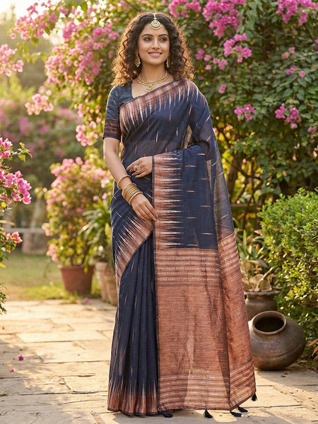 Anaita Navy Linen Woven Work Saree With Blouse