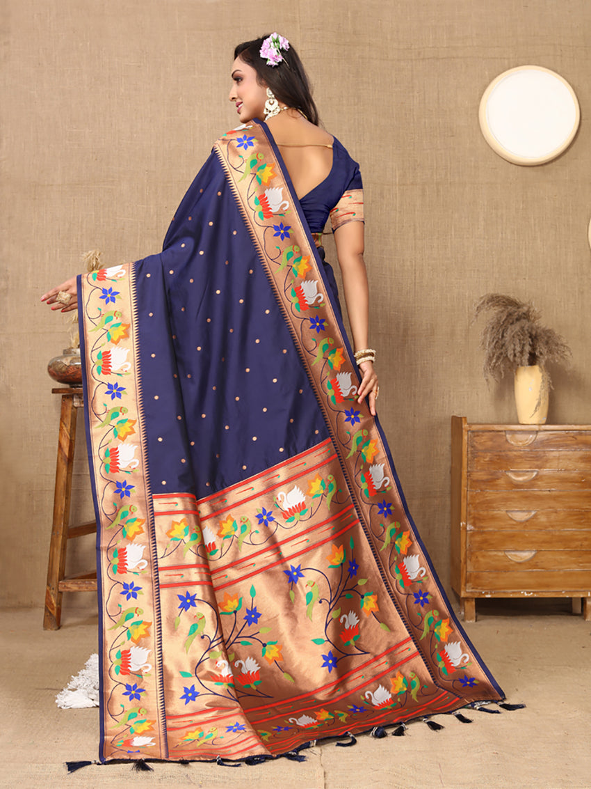 Lorenvalley Fashion Navyblue Soft Paithani Silk Woven Design Rich Zari Meenakari Weaving Saree