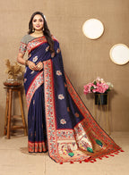 Lorenvalley Fashion Navyblue Soft Paithani Silk Woven Design Rich Meenakari Zari Weaving Pallu Saree